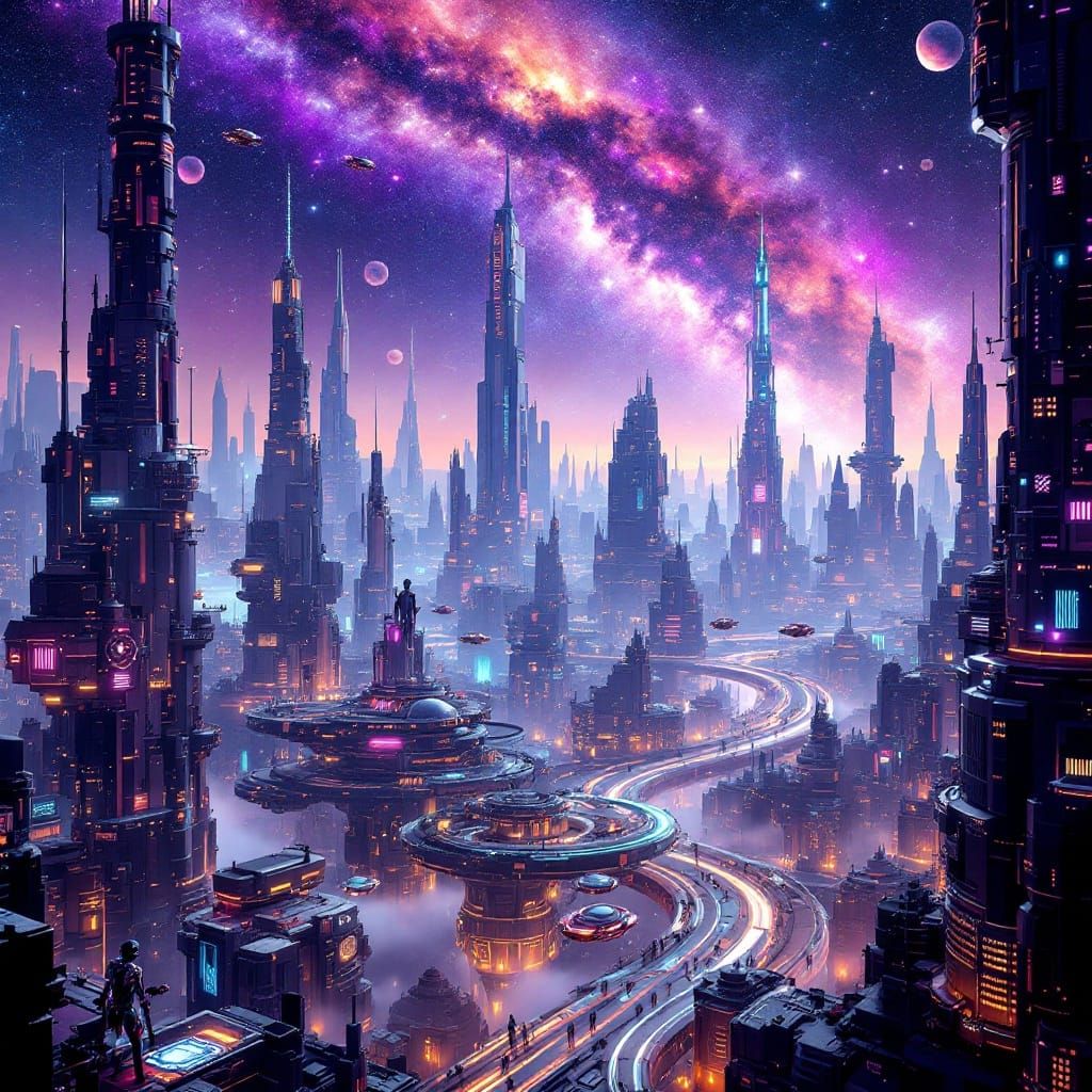 Ethereal Future Metropolis Illuminated by Distant Galaxies