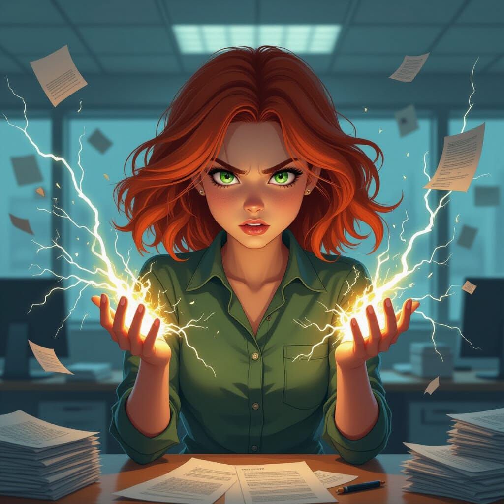 Red-Haired Girl Unleashes Lightning in Chaotic Office