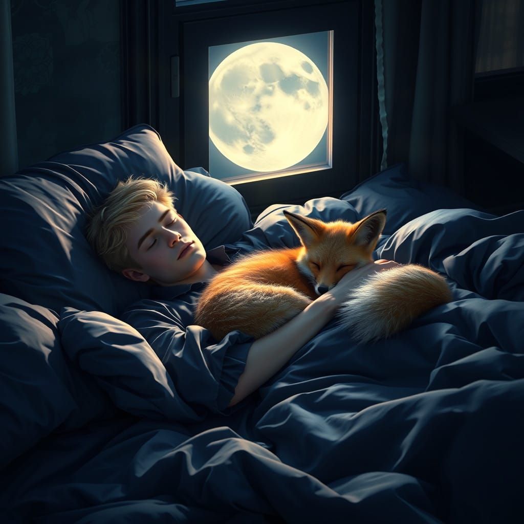 Serene Boy and Fox in Moonlit Slumber