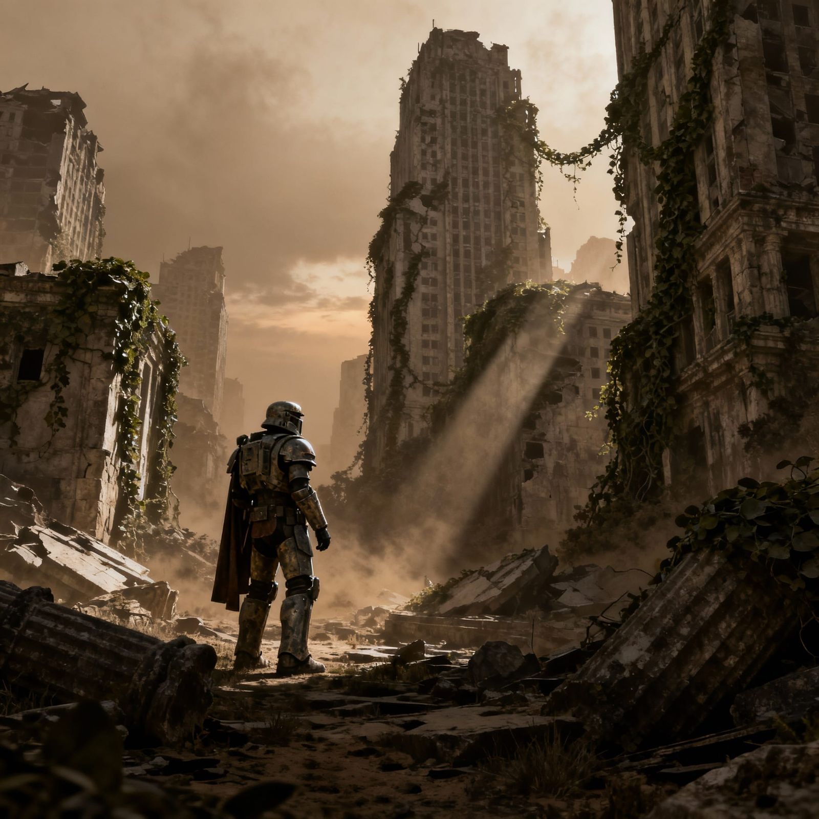 Futuristic Centurion in Ruined City