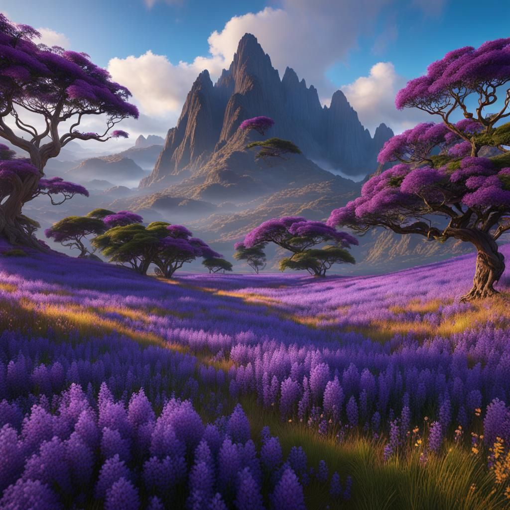 Mountain with Jacaranda Trees: Fantasy Concept Art