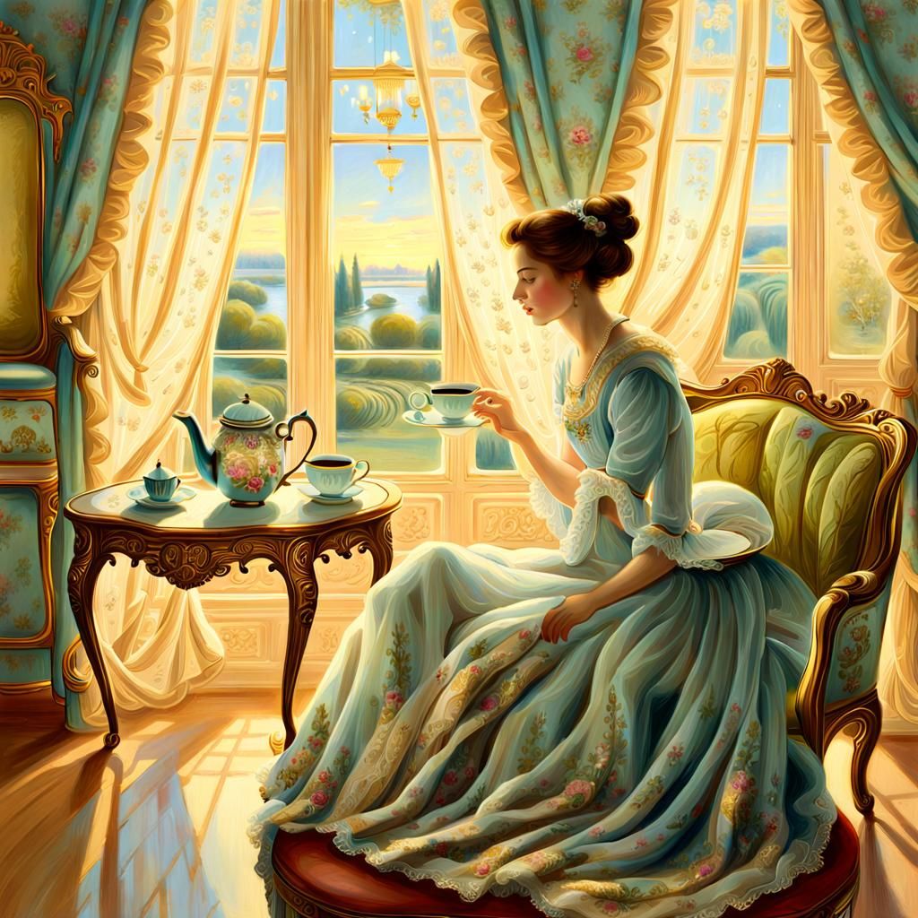 Rococo Painting of Woman Enjoying Tea