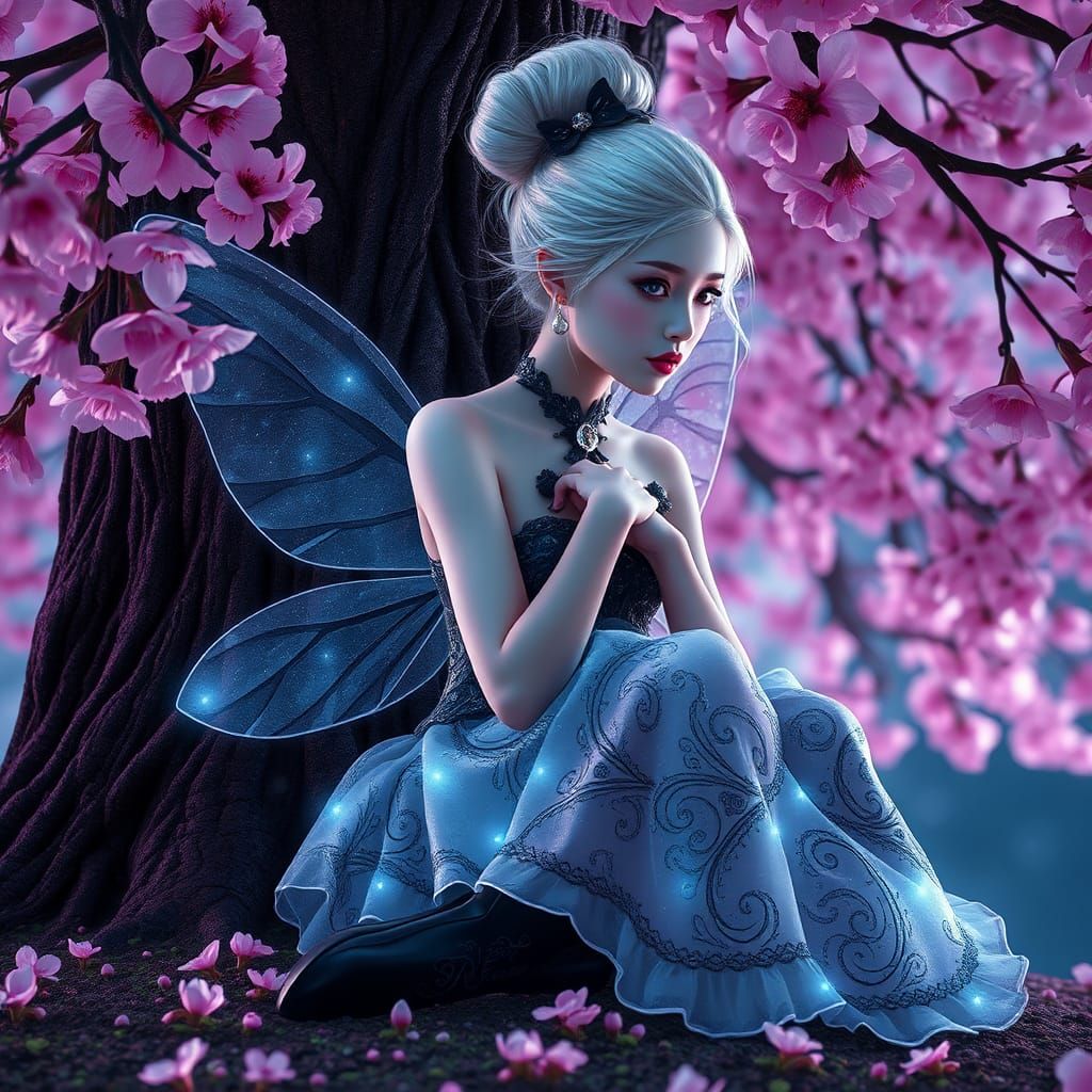 Bioluminescent Fairy with Silver Hair and Cherry Blossoms