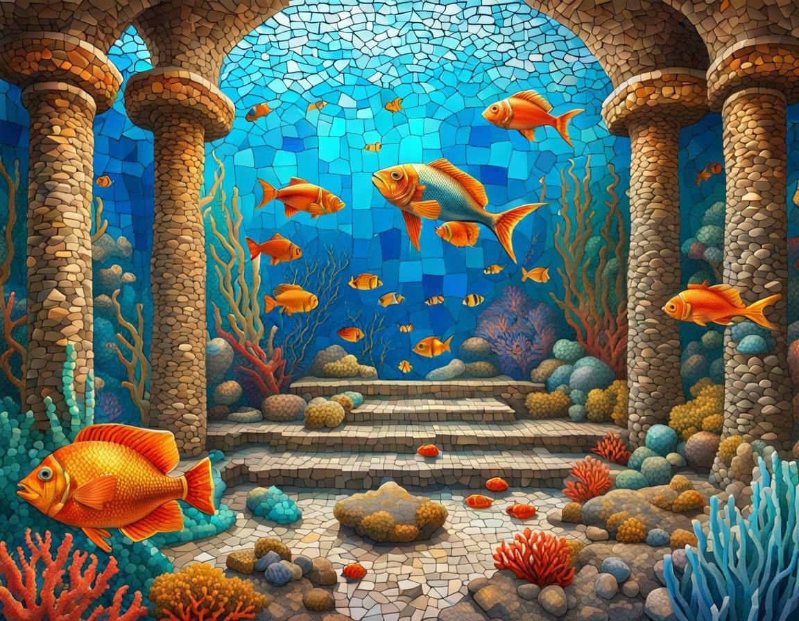 Underwater Mosaic Ruins with Fish and Coral