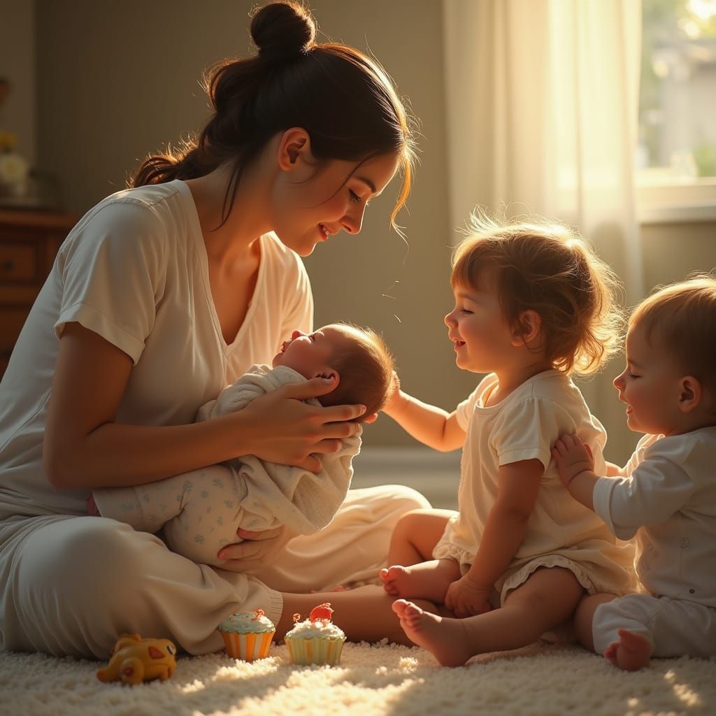 Mother's Tender Moment with Children in Warm Golden Light
