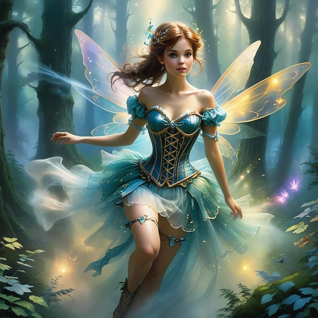 Ethereal Futuristic Fairy Flight in Hyperdetailed Forest