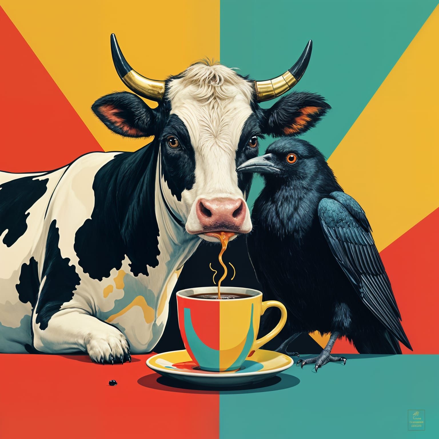 Anthropomorphic Cow and Crow Coffee in Pop Art Style