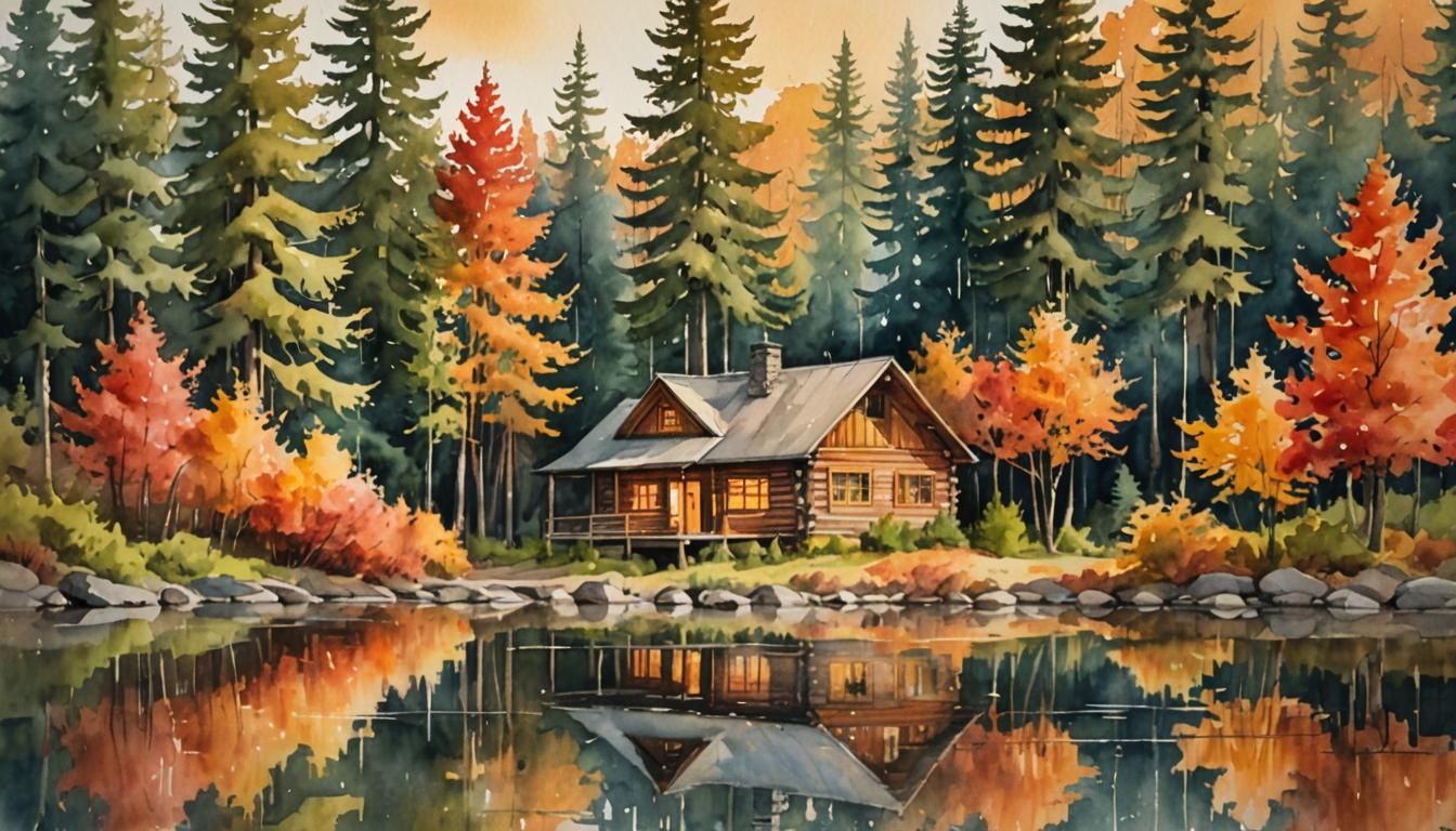 Cozy Cabin by Lake in Watercolor Forest