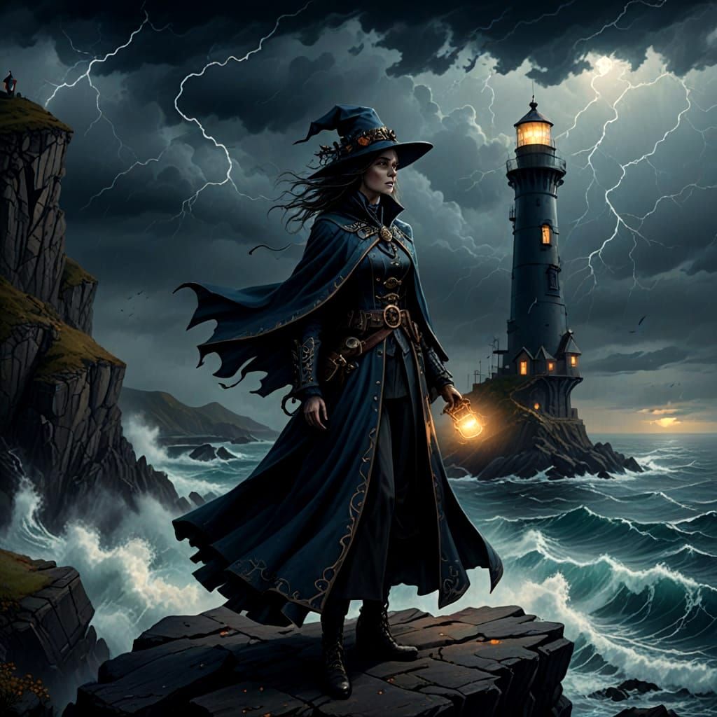 Mysterious Witch on Stormy Sea Cliff in Steampunk Style
