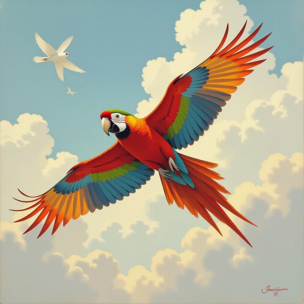 Parrot in Flight: An Oil Painting Inspired by Gurney