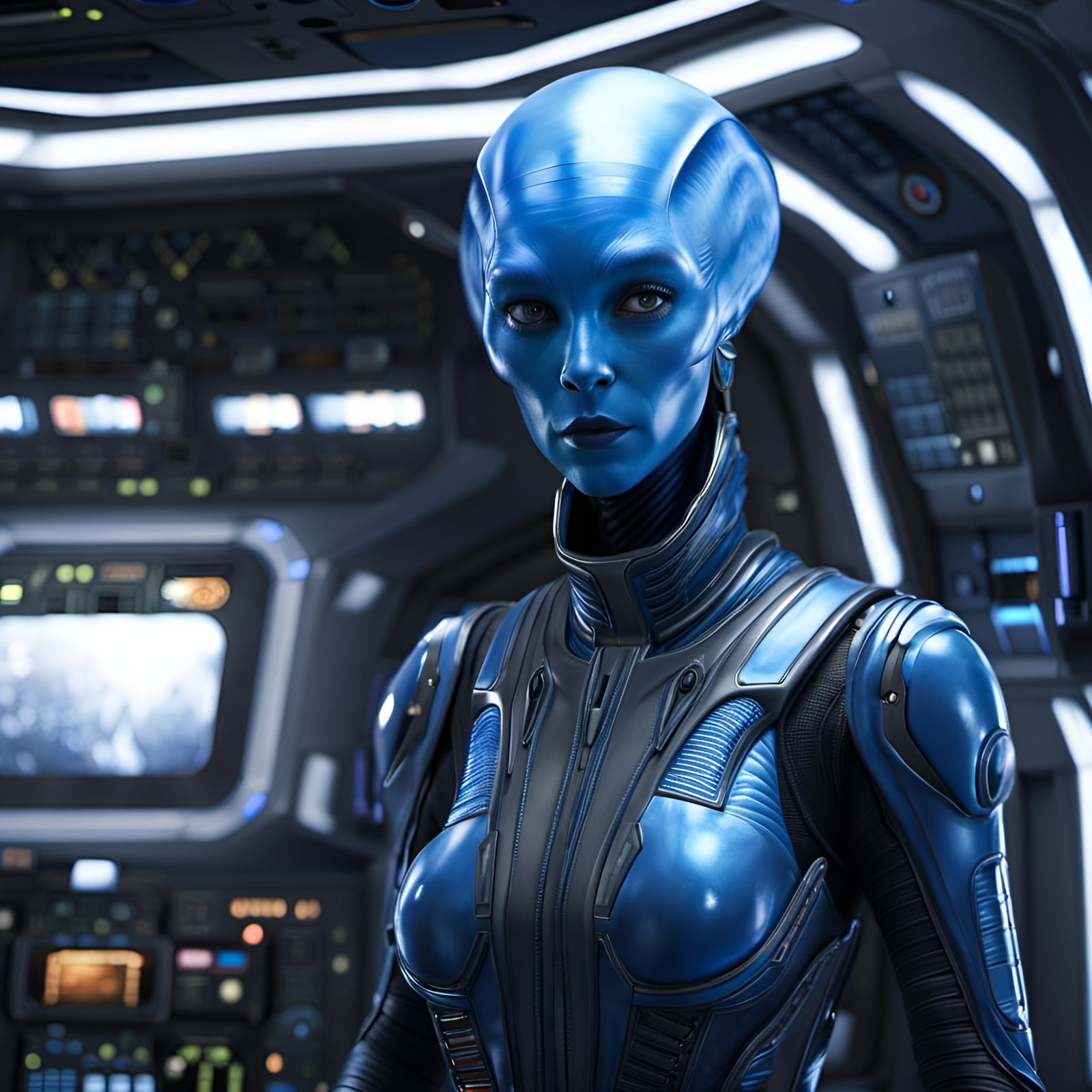 Blue-Skinned Alien in Spaceship: Hyperrealistic Portrait