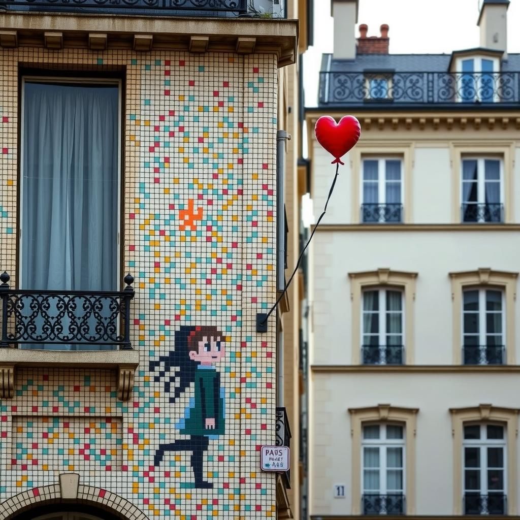 Pixel Art "Invader" Reaching for Balloon in Paris