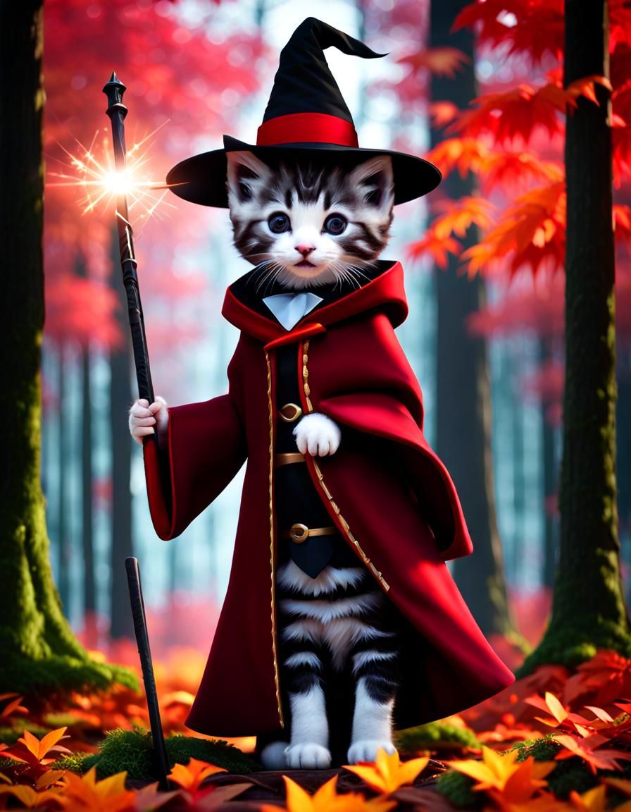 Kitten Magician in Forest, Photorealistic 3D Render