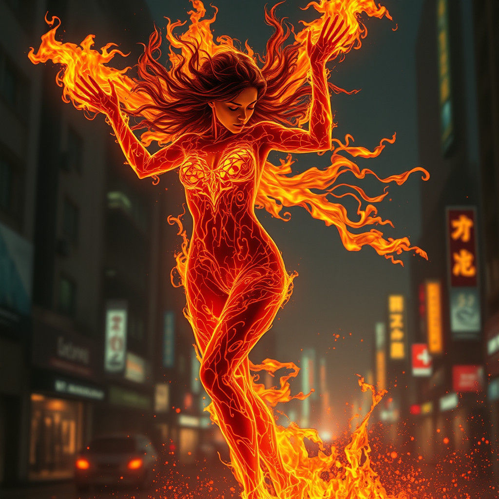 Dancing Fire Elemental in Cyberpunk Dystopia