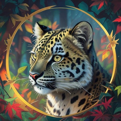 Surreal Wildlife Portrait of a Leopardo in a Dreamlike Fores...