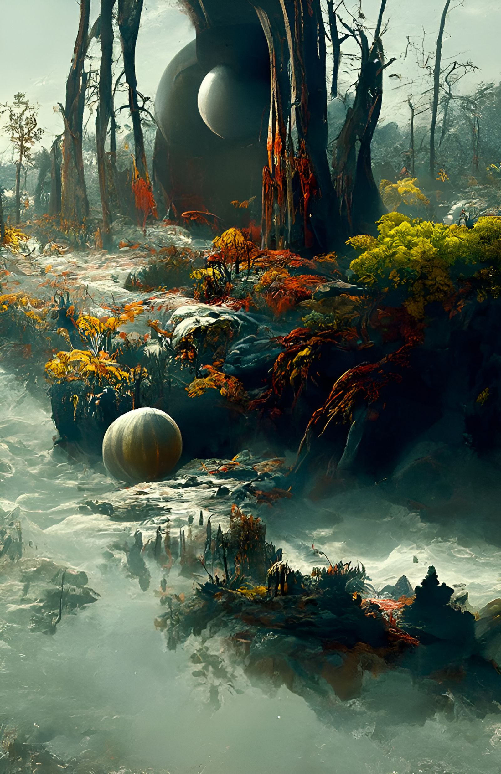 Surreal Alien Landscape with Glowing Flora and Moonrise