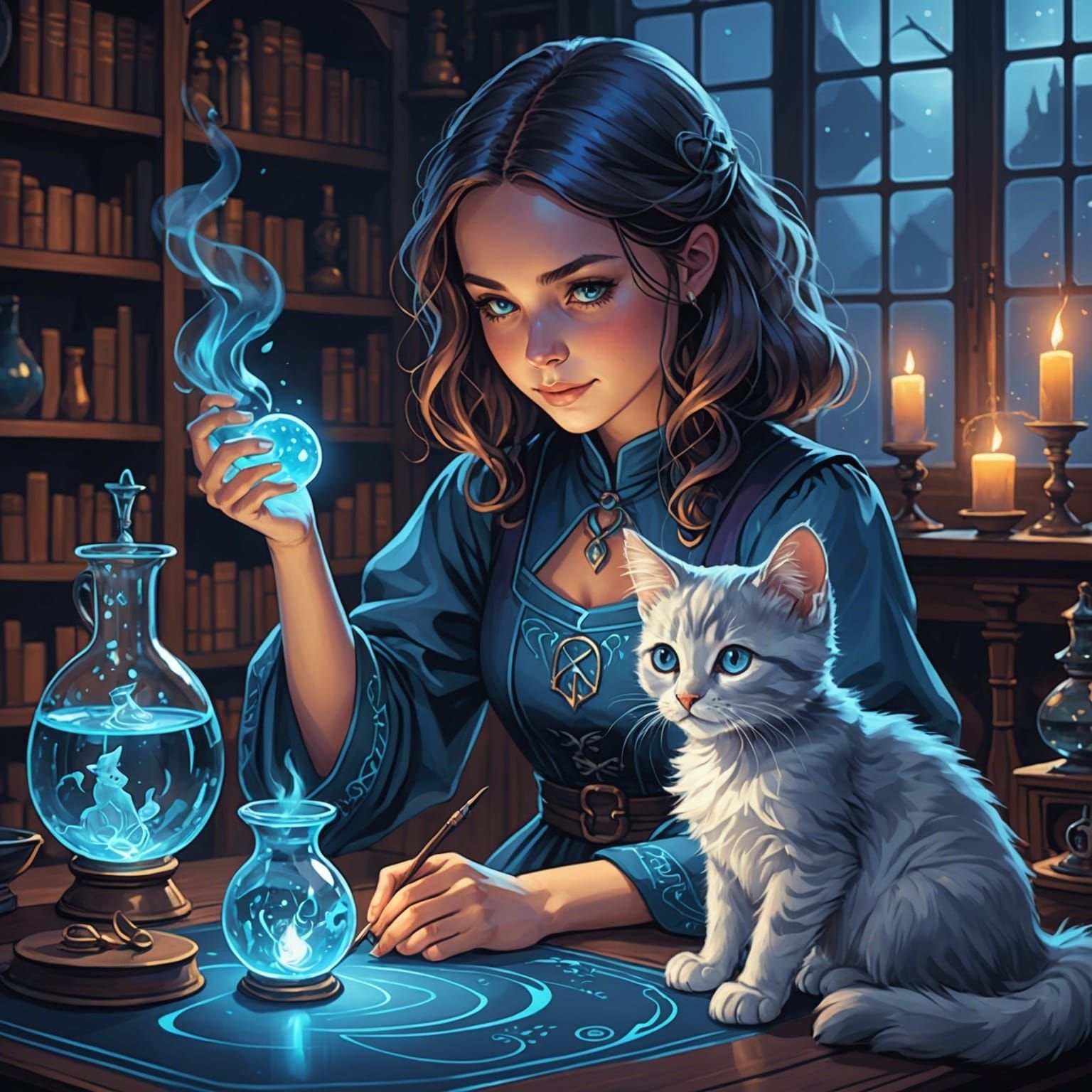 Alchemist Girl Portrait with Magical Kitten in Fantasy Art