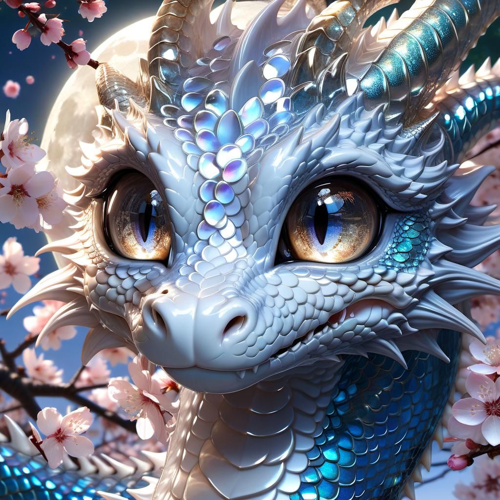 Mythical Dragon Portrait with Cherry Blossoms