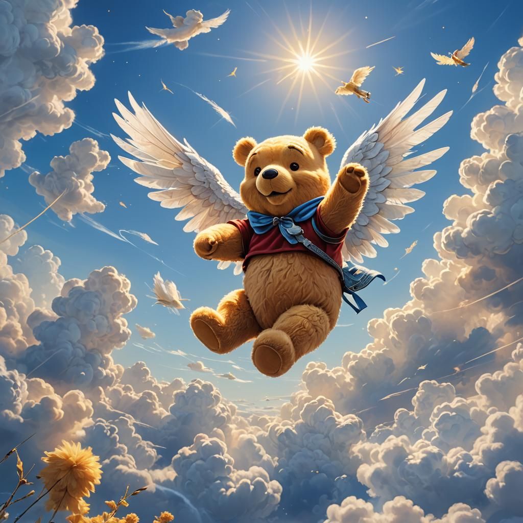 Winged Teddy Bear Flies in Fantasy Sky