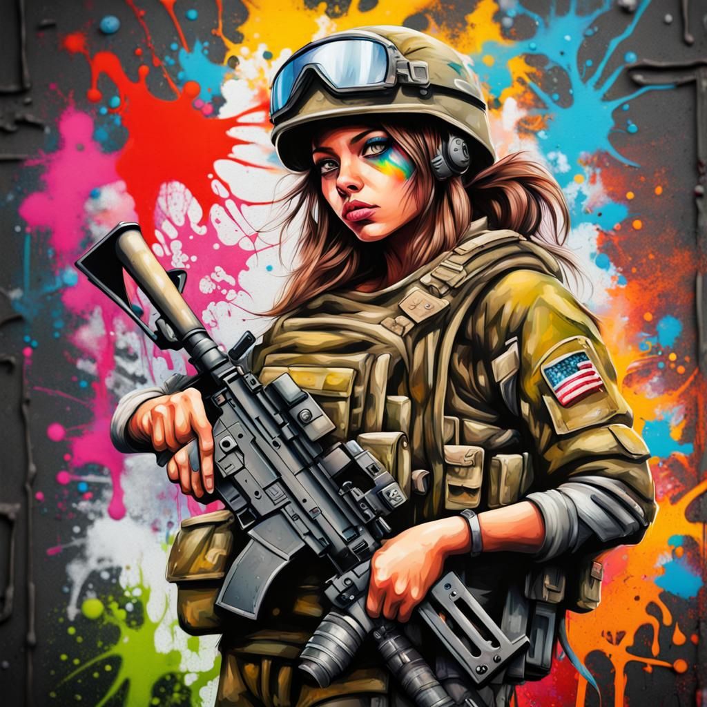 Powerful Soldier Girl in Graffiti Splash Art