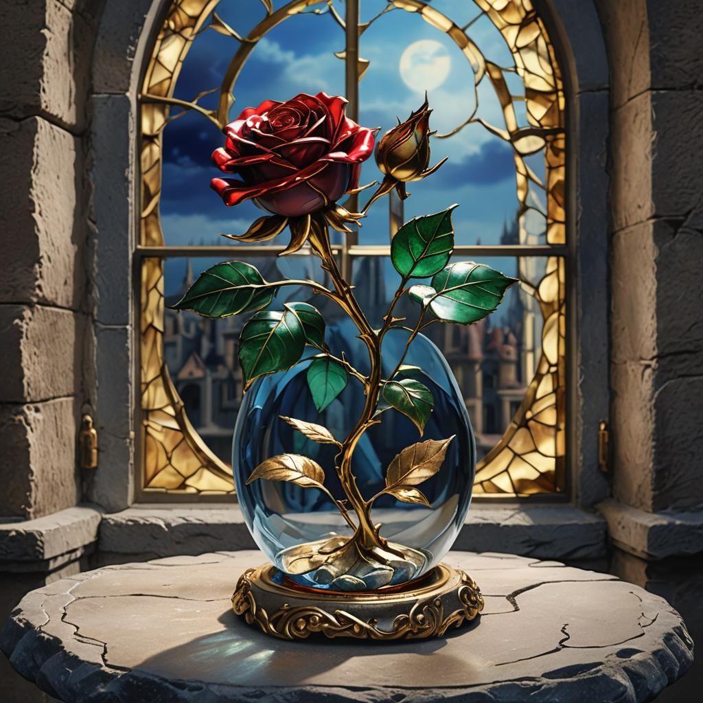 Colored Glass Rose with Gold Leaves