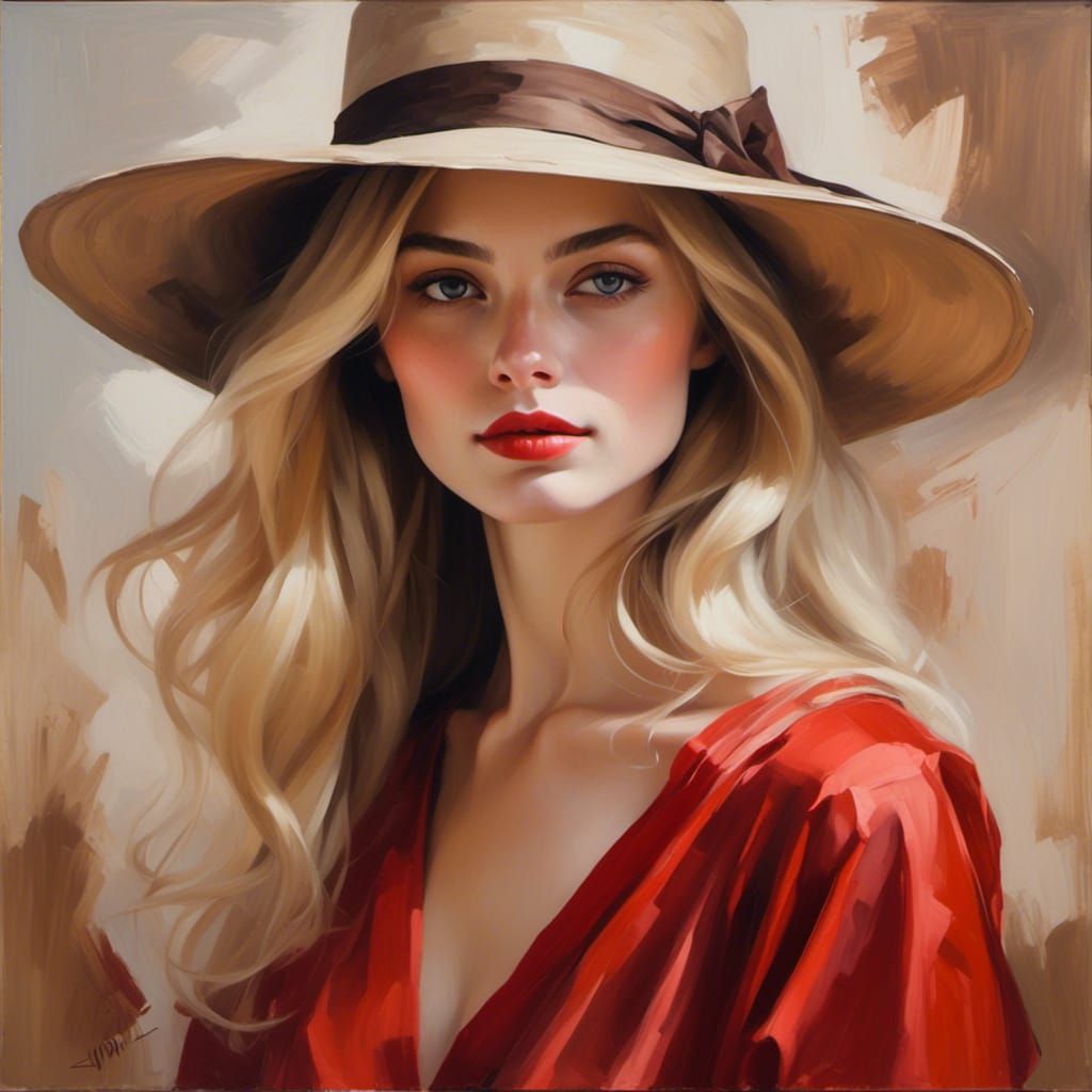 Dreamy Blonde Woman Portrait in Oil Painting Style