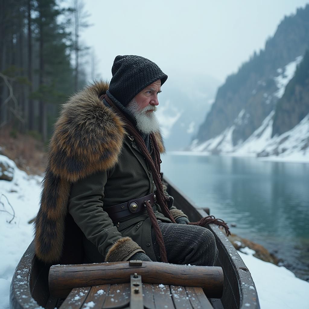 Old Man on Nordic Drakkar, Photorealistic Style