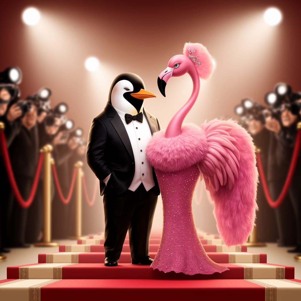 Glamorous Penguin and Flamingo Steal the Red Carpet Show
