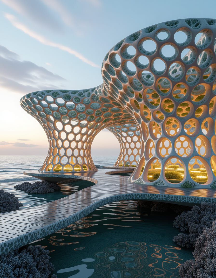 Bioluminescent Mycelial Lattice Pavilion in Coastal Dusk