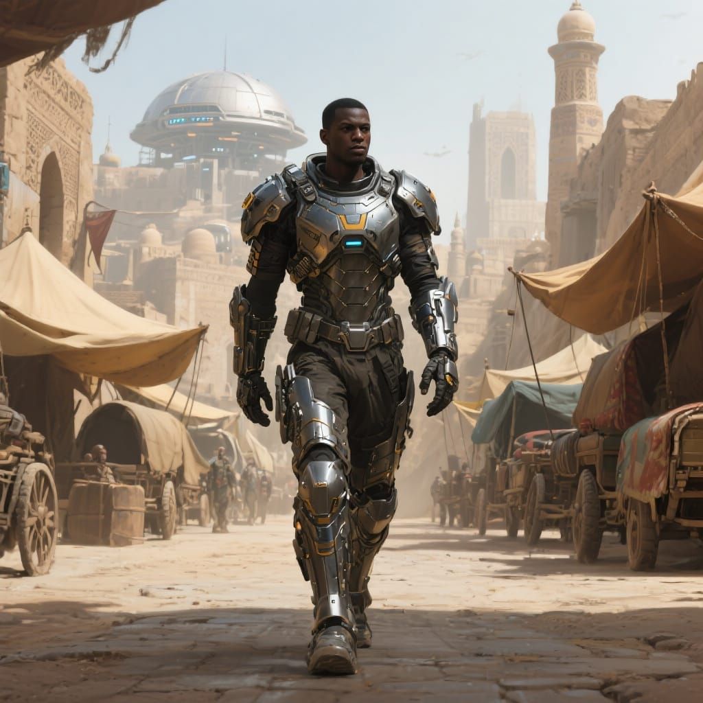 Futuristic Warrior in Ancient Arabic Cityscape