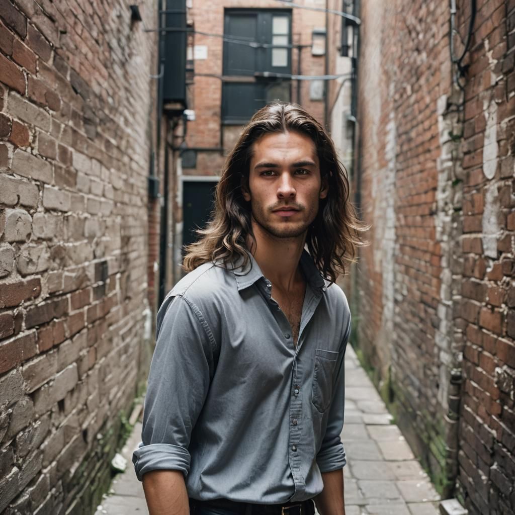 Man Exits Alleyway in Urban Scene