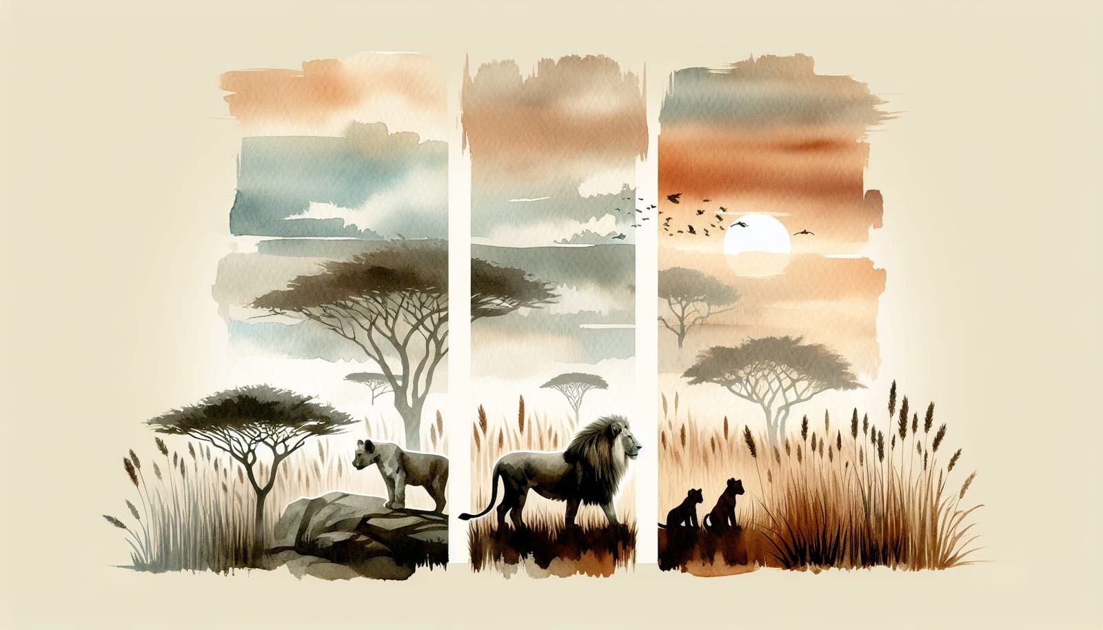 Earthly Lion Silhouettes in Watercolor Collage
