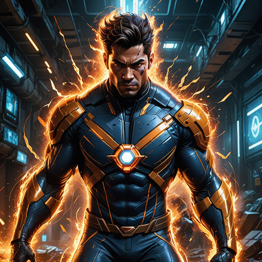 Cyberpunk Latino Superhero in High-Tech Danger Room