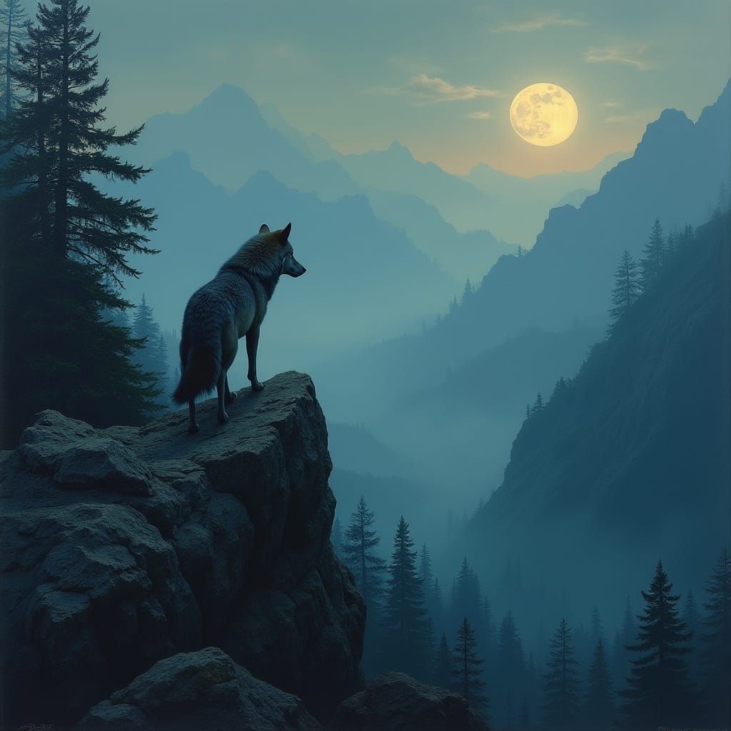 Hyperrealistic Lone Wolf on Mountain Peak