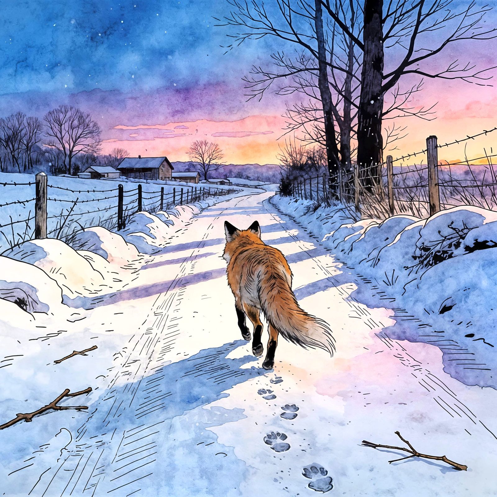 Fox Walks Country Lane in Watercolor Comic Style