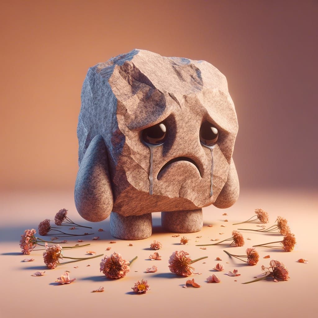 Sad Granite Rock Character in CGI Cartoon Style
