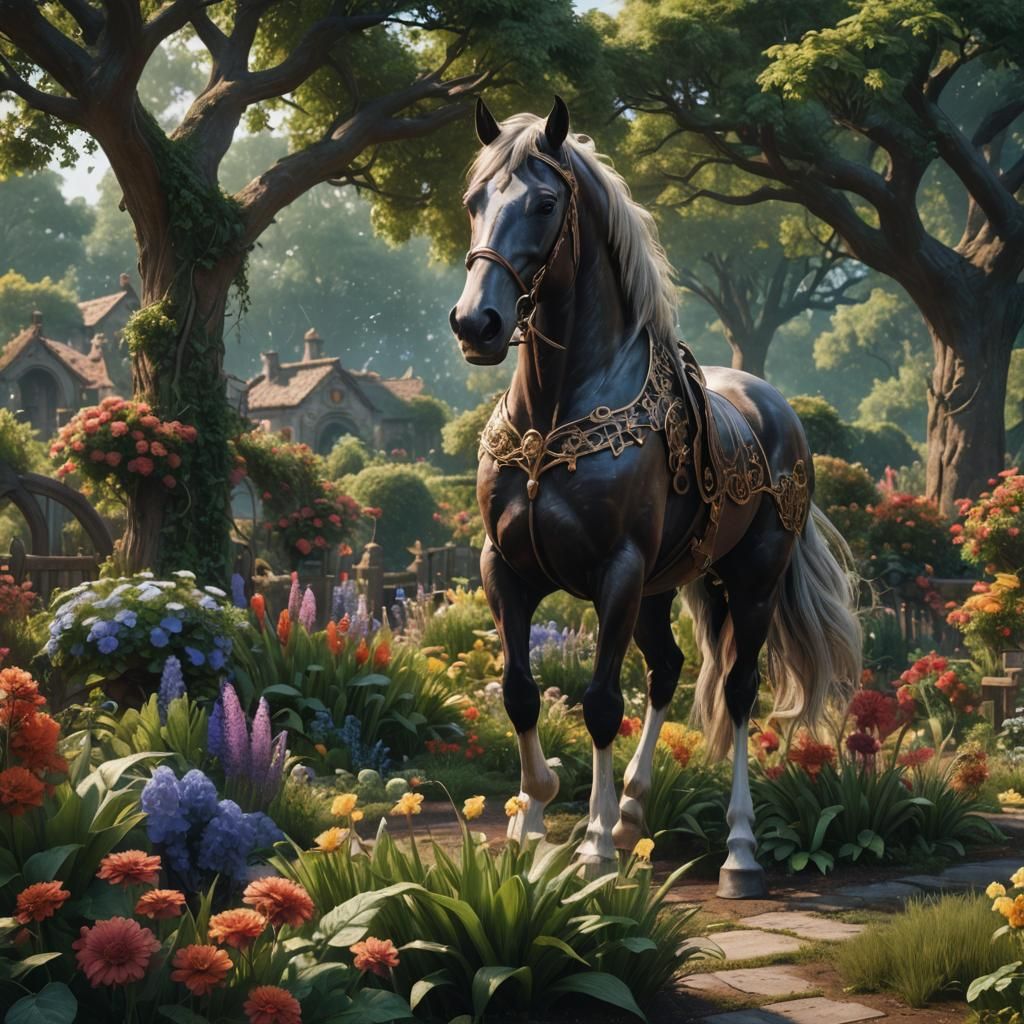 Horse in Garden: Detailed Matte Painting