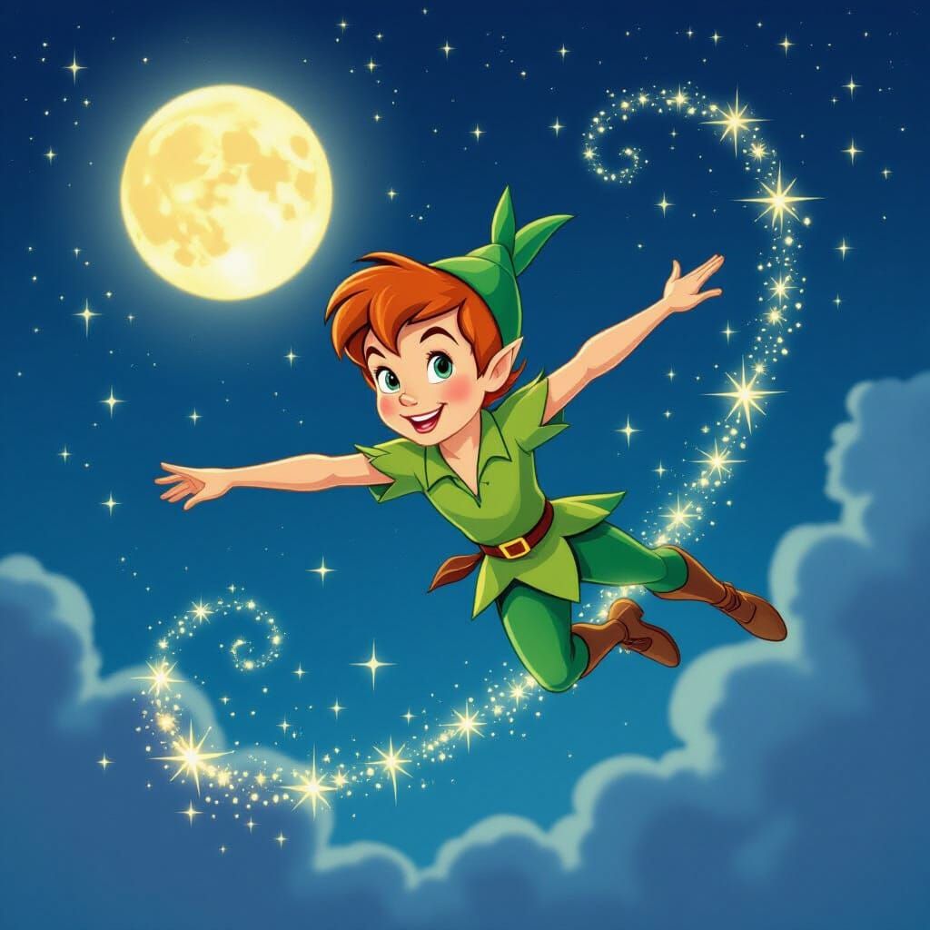 Peter Pan Soaring Through Starry Night Sky