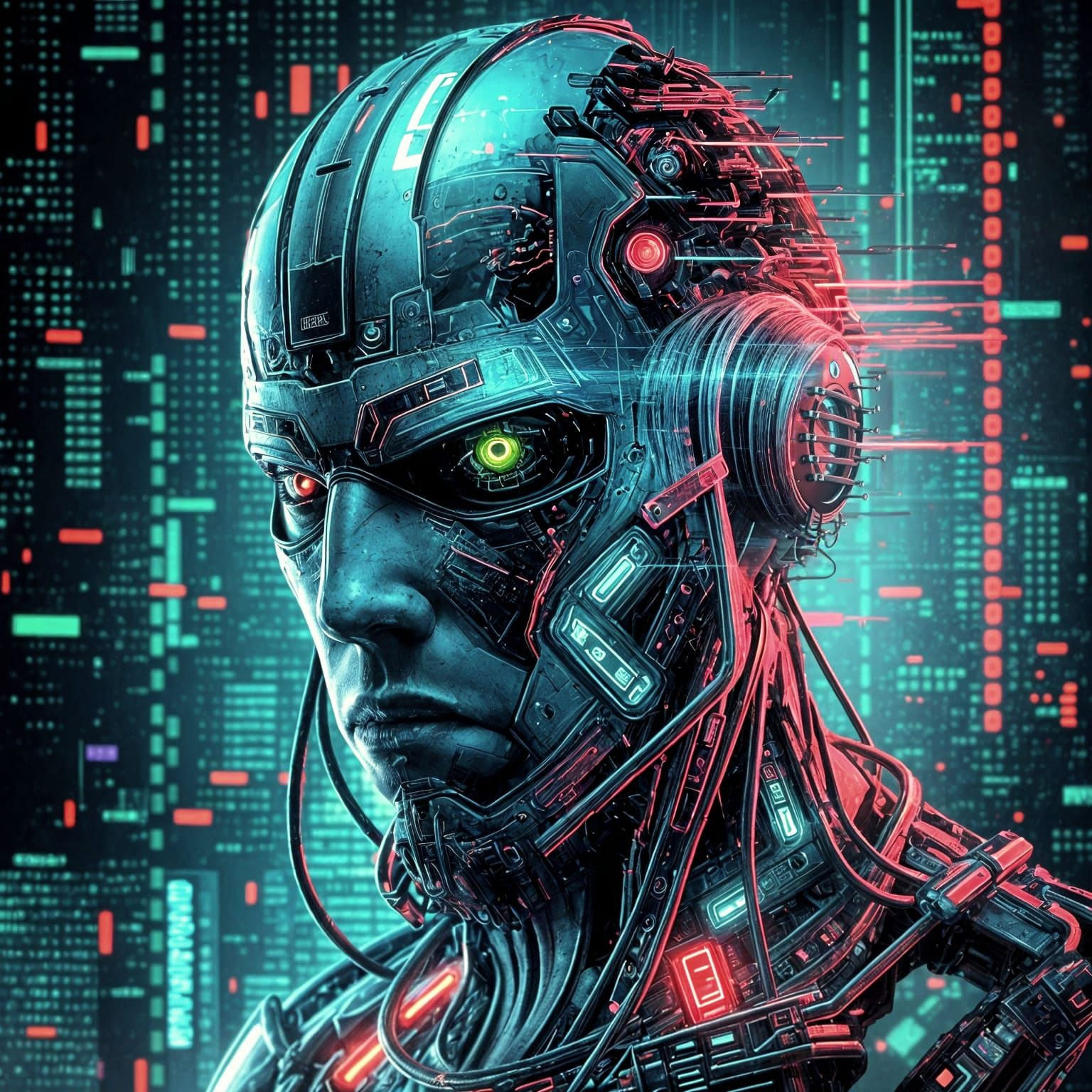 Futuristic Cyborg Warrior Portrait in Cyberpunk Style