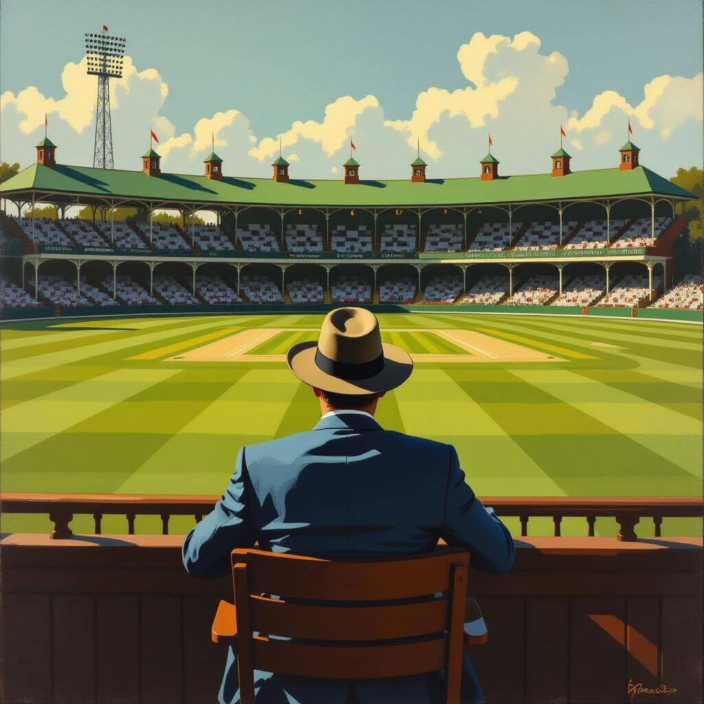 Man in Commentary Box Overlooking Empty Cricket Ground at Go...