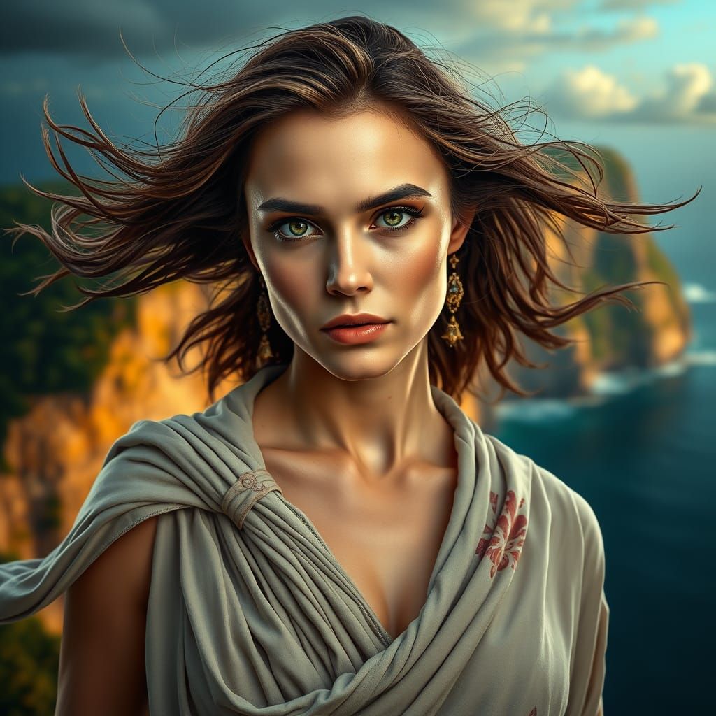 Tropical Cliff Portrait in Hyperreal Style