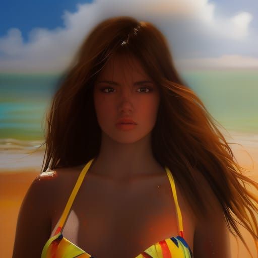Brunette on Beach in Hyperrealistic Splash Art Style