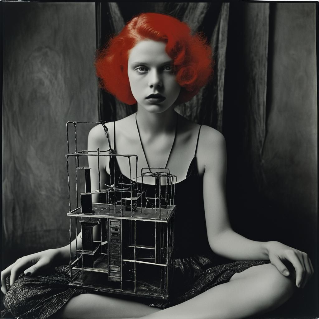 Surreal Hallucinatory Photograph of Woman in Complex Structu...