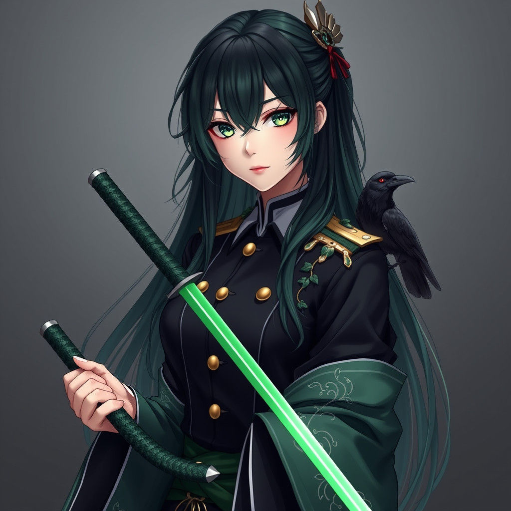 Anime Style Female Swordsman with Green Vine Haori