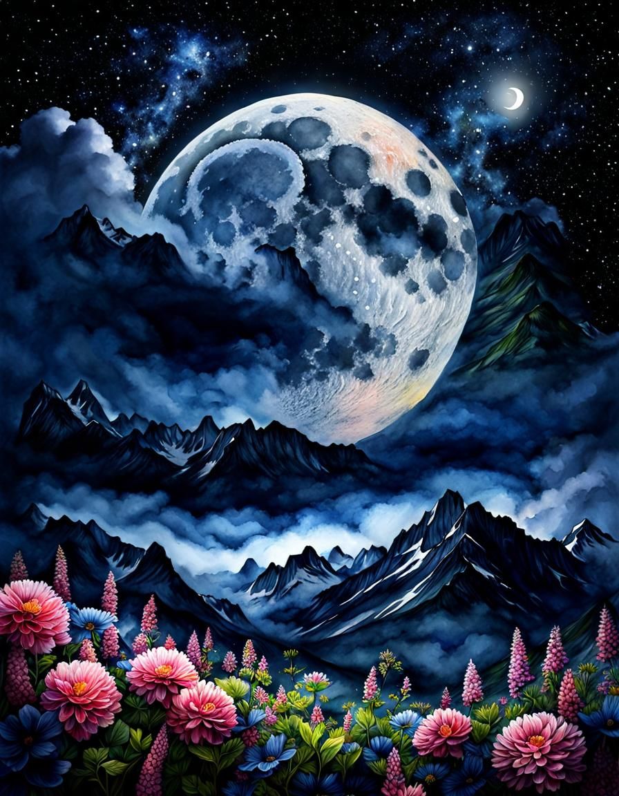 Watercolor Galaxy Moon with Flowers and Vines