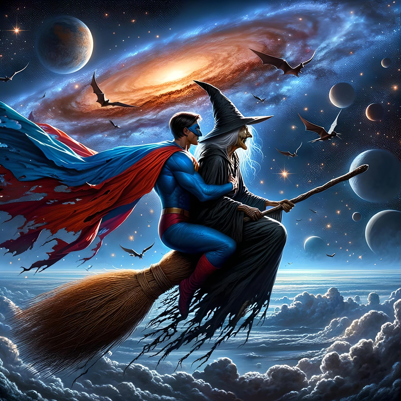 Superhero and Sorceress Embrace in Cosmos