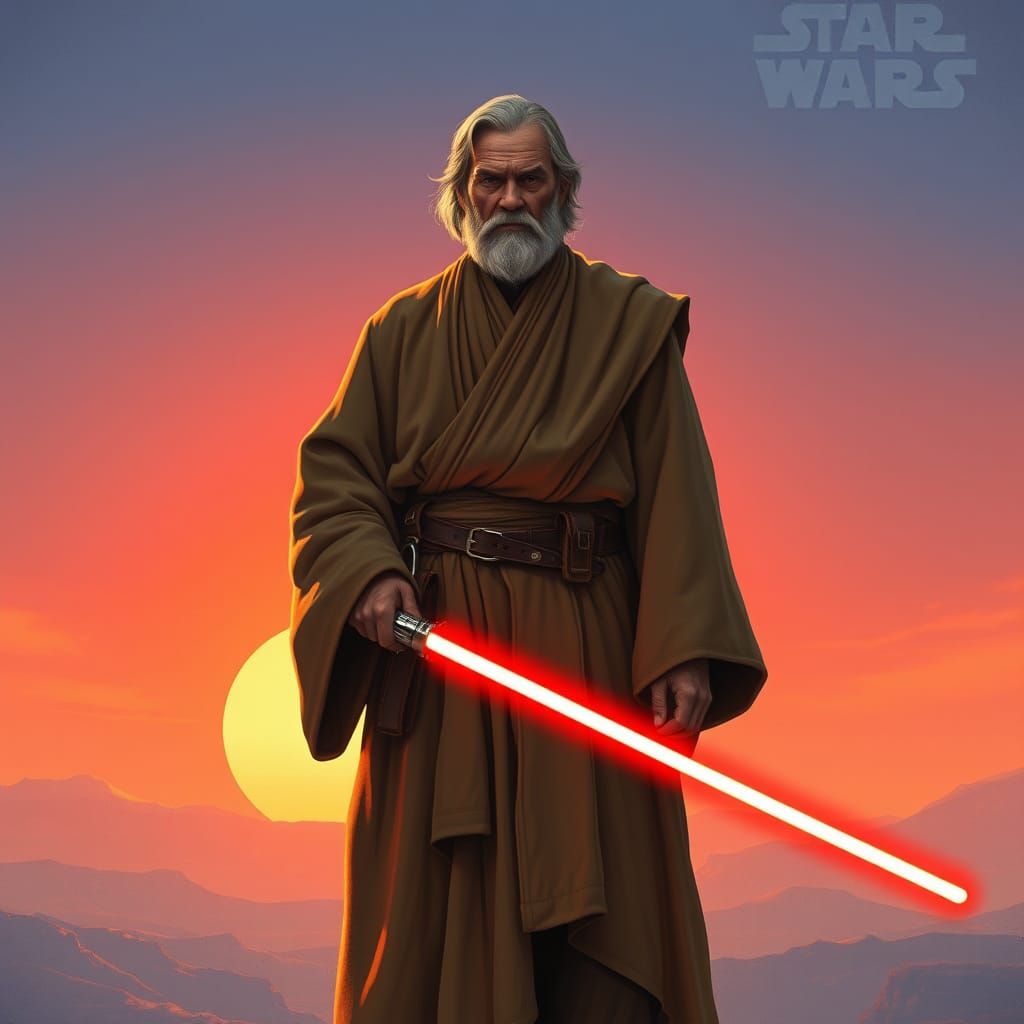 Jedi Knight Amidst Binary Sunset in Sci-Fi Style