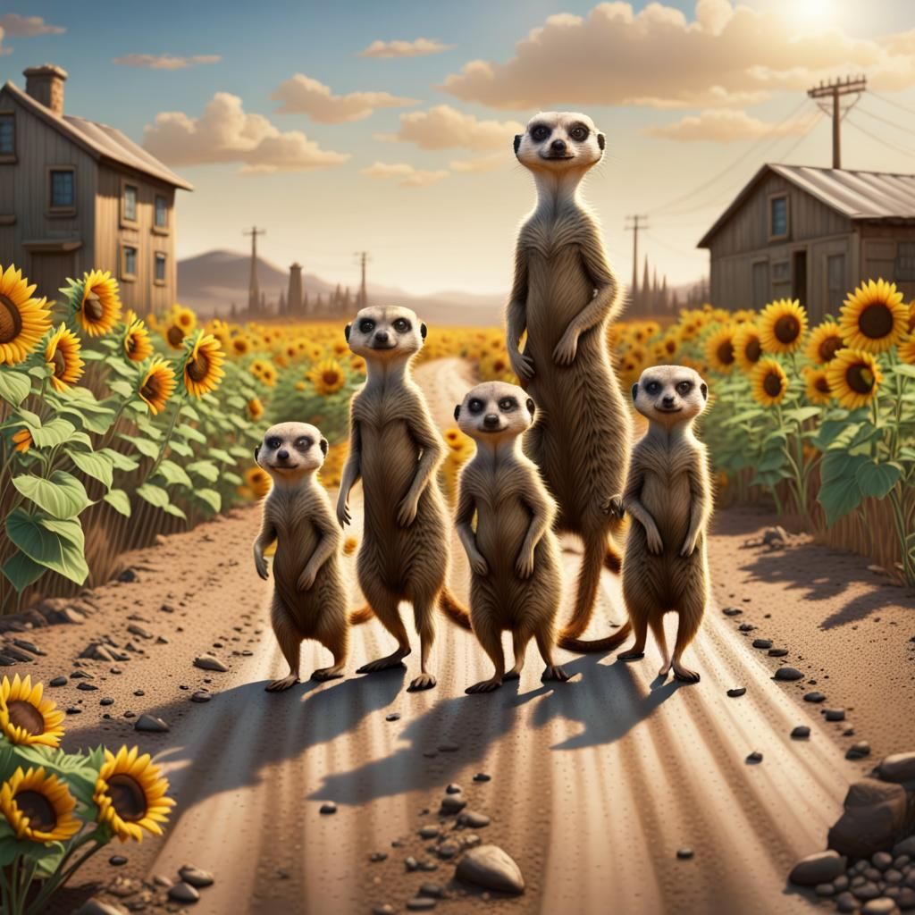 Meerkat Family Road Crossing in Comic Art Style