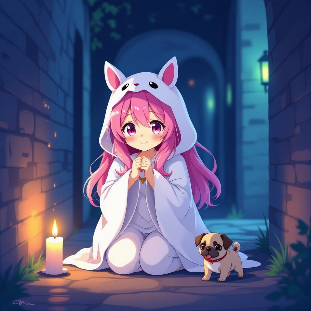 Anime Girl in Ghost Costume with Puppy