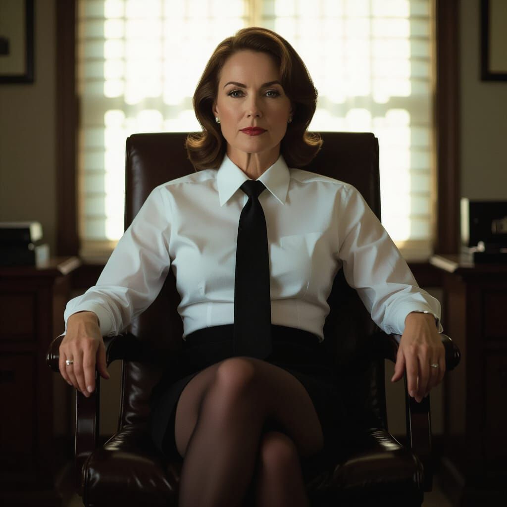 Stern Lady in Office Chair, Cinematic Film Style